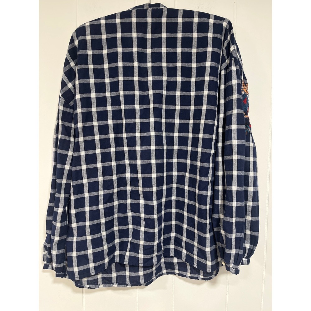 Zara Trafaluc Navy Gingham Embroidered Tassel Boho Blouse XS - Picture 3 of 7